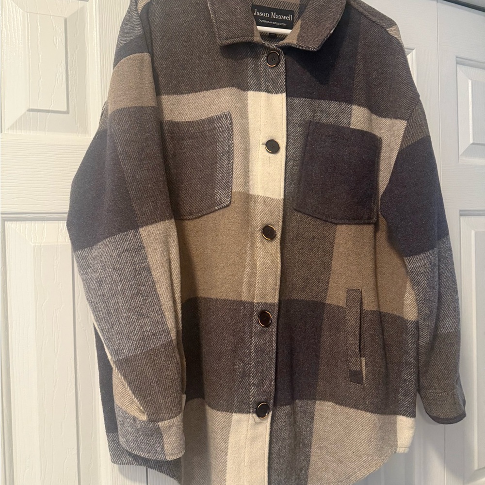 jason maxwell Neutral Plaid Shacket in Taupe, Cream, Charcoal. Tshirt included